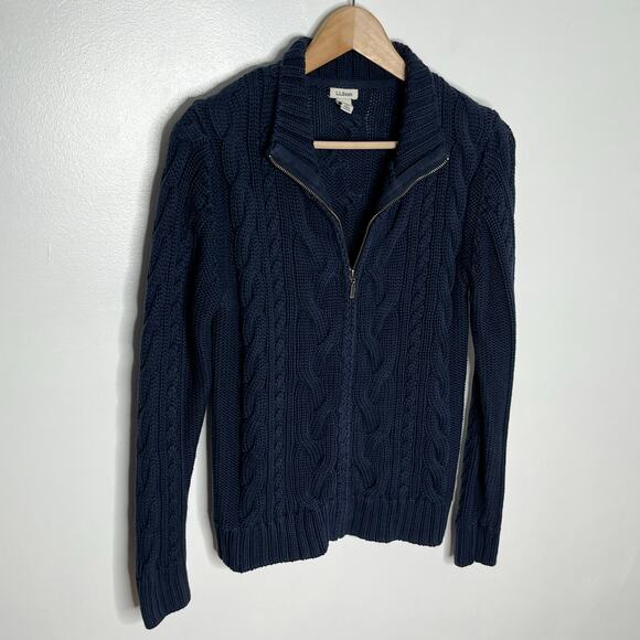 L.L. Bean Cable Knit Cardigan Sweater Womens SP Navy Full Zip Cotton Fisherman - Picture 2 of 9